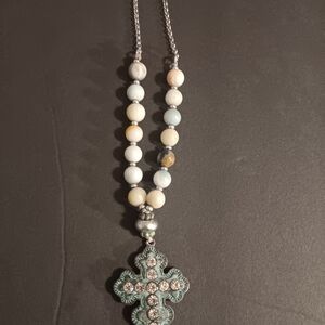 Chic Beaded Cross Necklace with Silver Accents